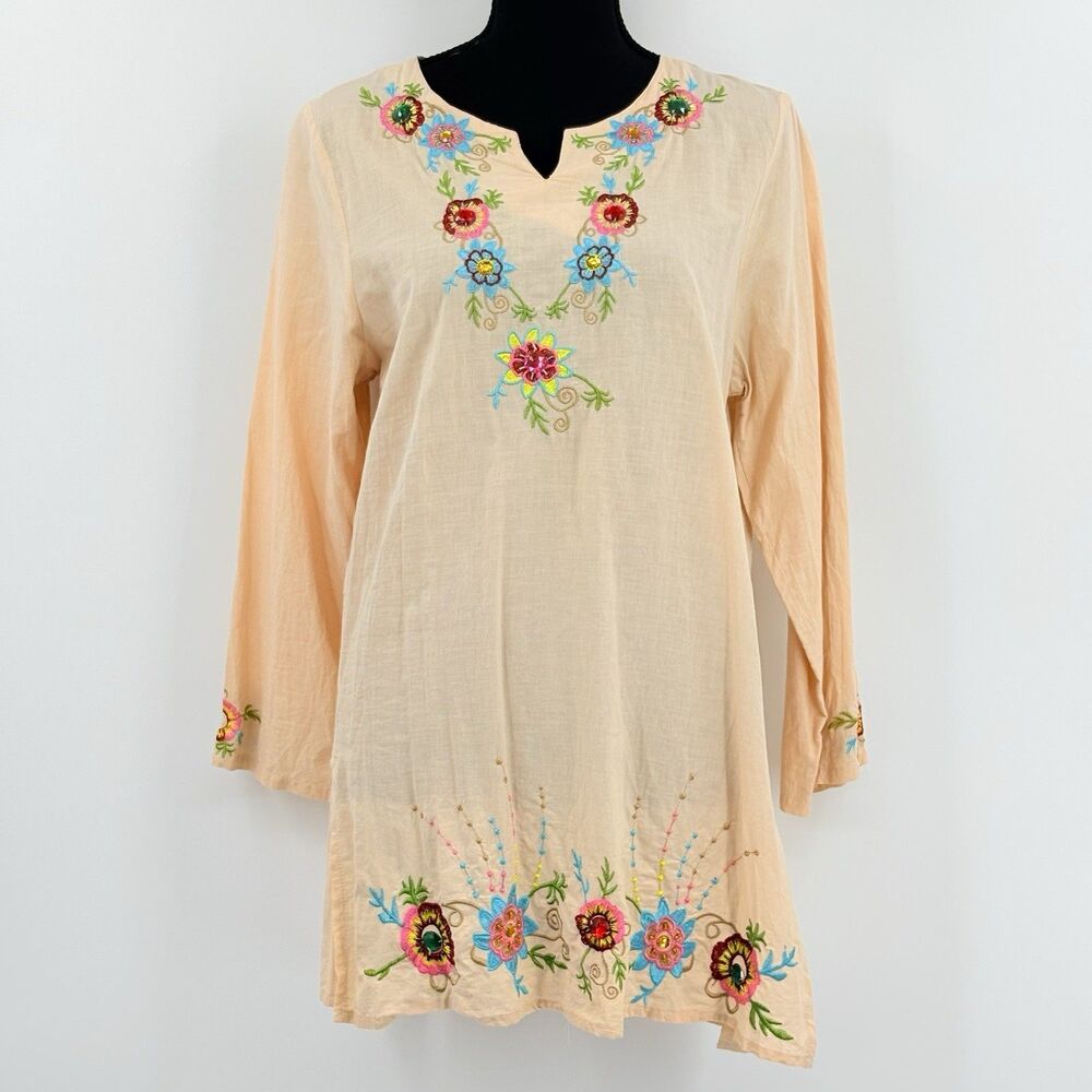 Sky Express Studio Embroidered Floral Tunic Top Blouse XL Bejeweled Colorful